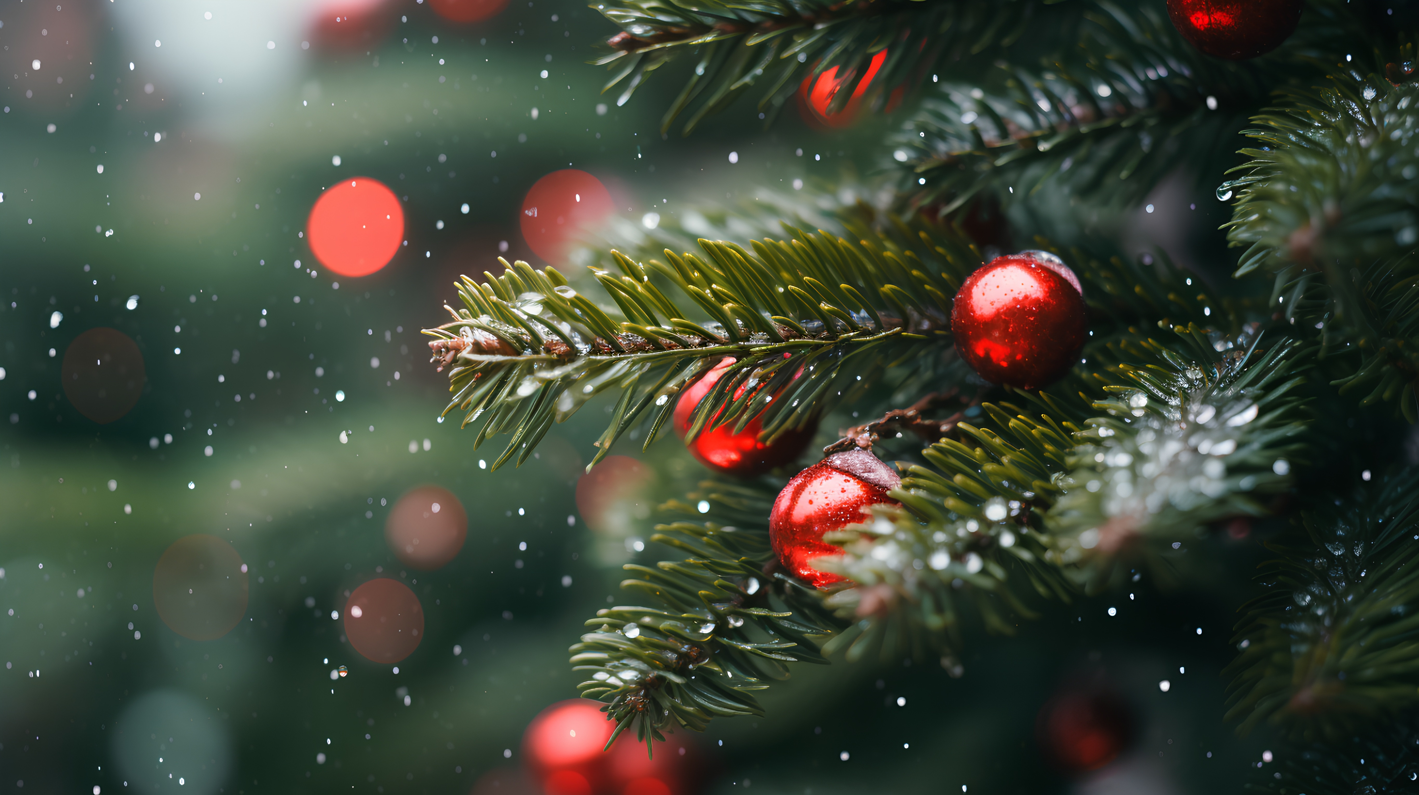Christmas tree branch with red baubles and snow on bokeh background